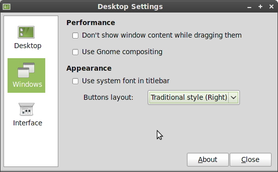 Linux Mint Debian desktop settings menu.