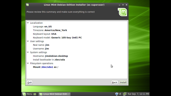 Linux Mint Debian install screen 10.