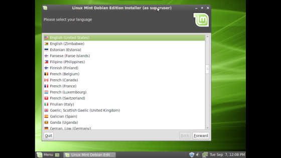 Linux Mint Debian install screen 1.