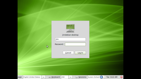 Linux Mint Debian login menu.