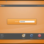 The login screen has the familiar orange coloring of the desktop.