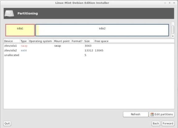 Linux Mint Debian 201303 Install Disk Partitioning