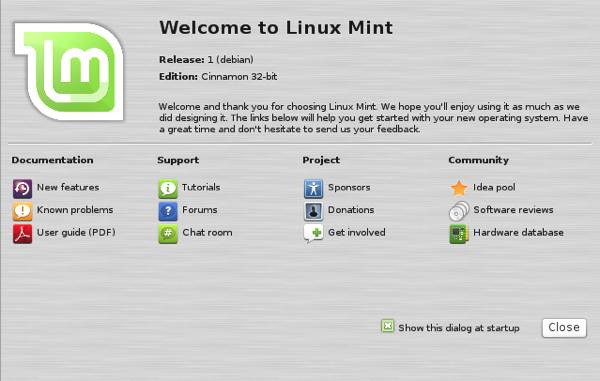 Linux Mint Debian 201303 Welcome Menu